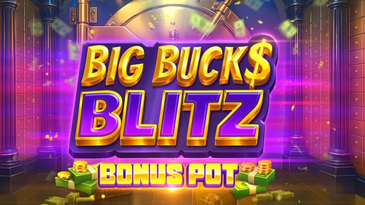 Tampilan visual mewah dari slot Big Bucks Blitz Bonus Pot dengan latar belakang brankas emas.