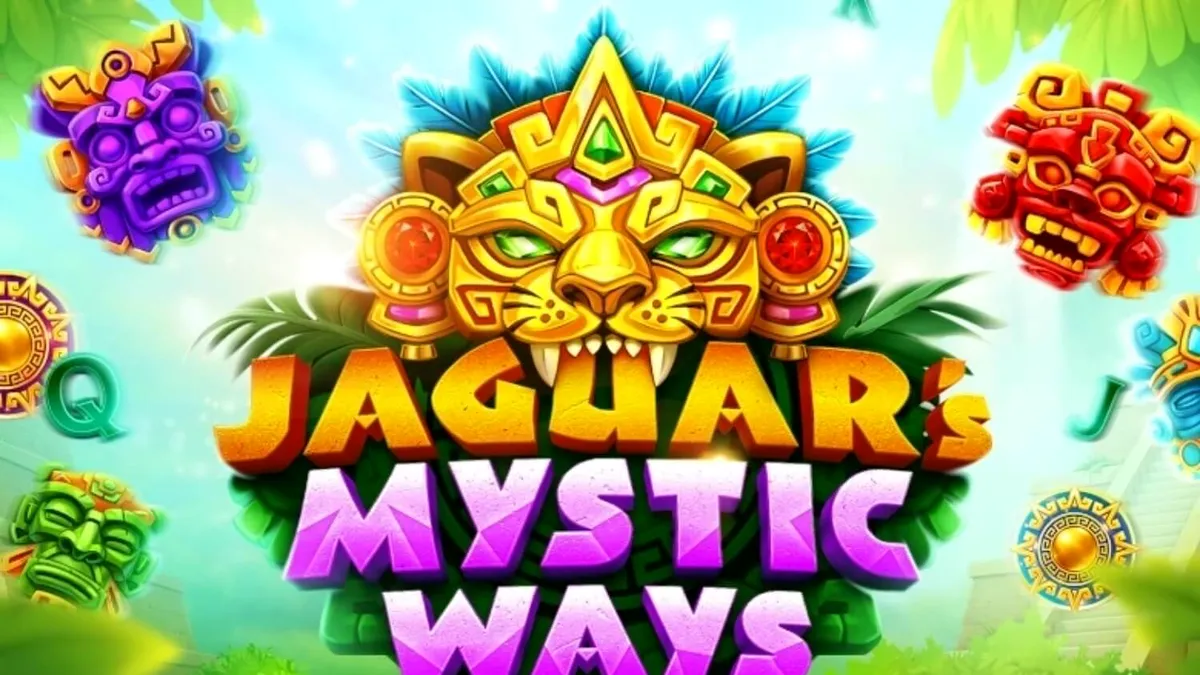 Pemandangan hutan kuno dengan kuil emas di slot Jaguar’s Mystic Ways