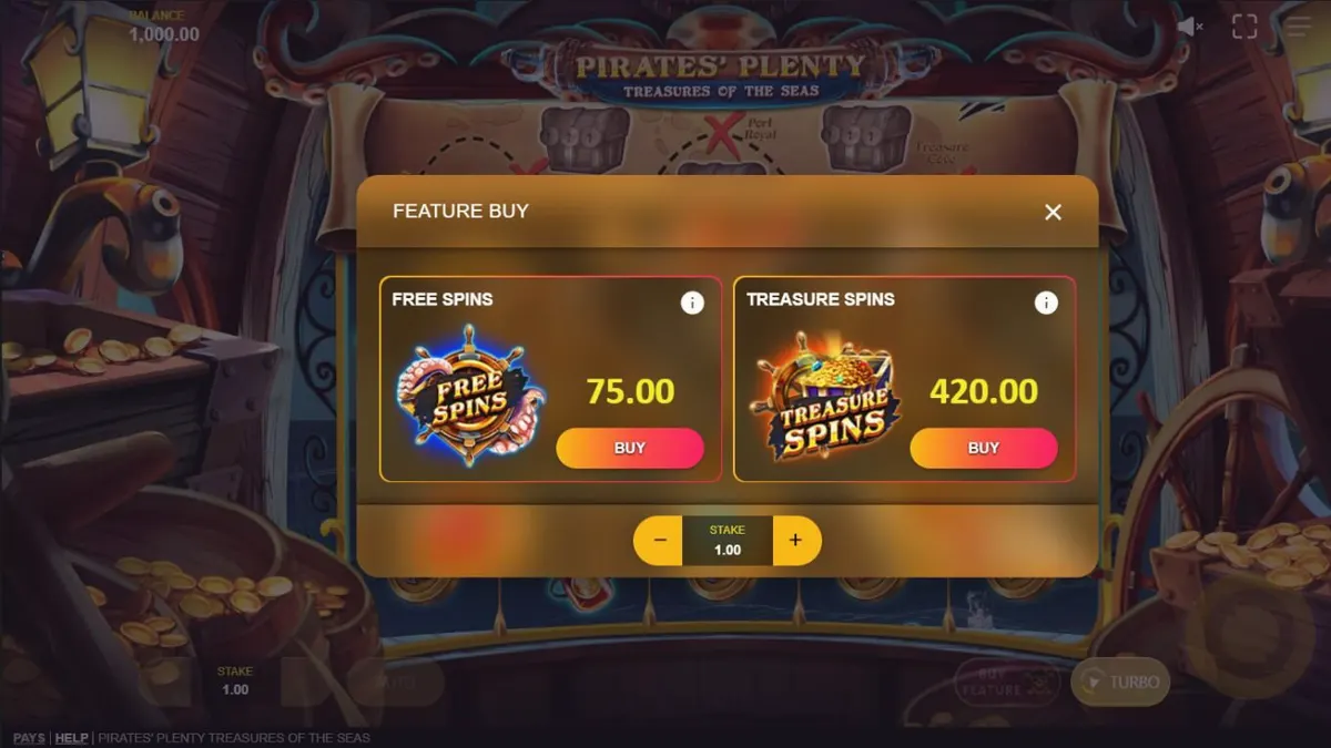Layar permainan slot Pirates’ Plenty: Treasures of the Seas dengan tema bajak laut